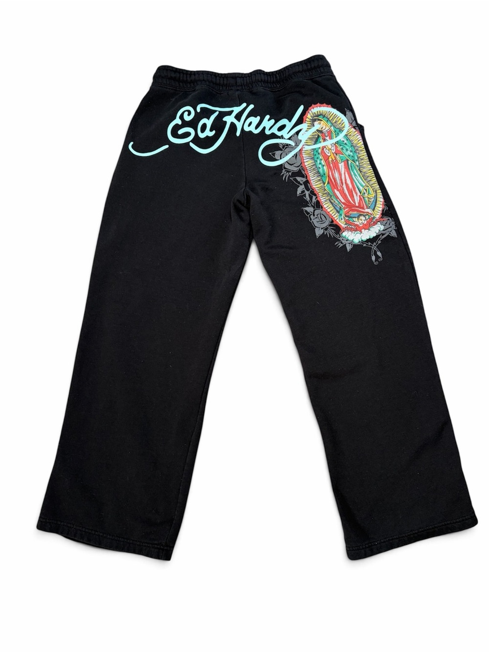 Ed Hardy Black Wide Leg Sweatpants Large Virgin Mary Graphic Y2K EHWR8200-95